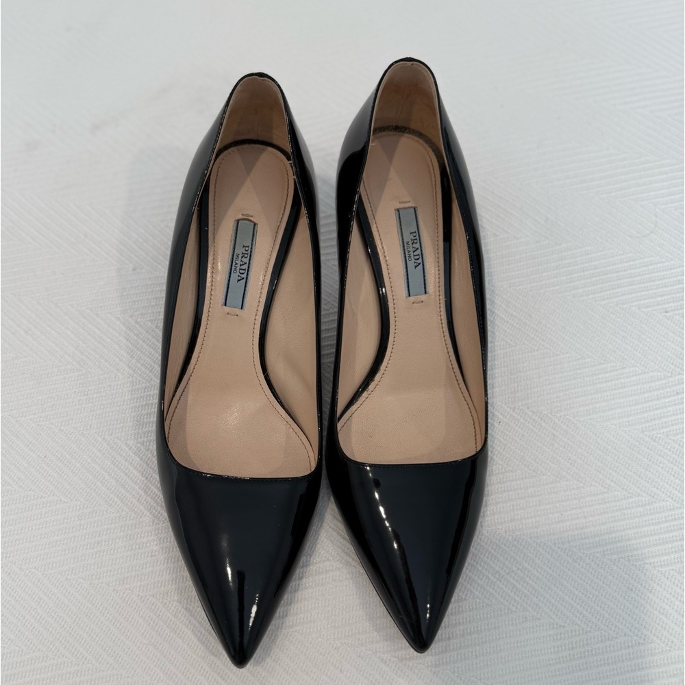 Prada Black Patent Pointed Pumps with Gold Metal Heel